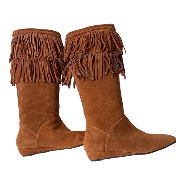 Gianni Bini women’s cognac suede fringe flat wedge ankle pull on boots sz 6.5 M - Picture 7 of 9